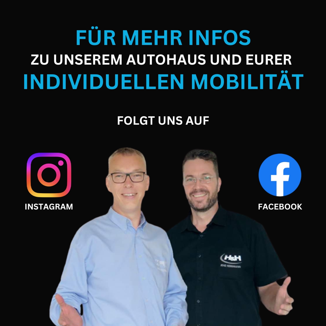Zu sehen sind die Geschäftsführer Sven Helterhoff (links) und Jens Herrmann (rechts). Zusätzlich sind die Logos von Instagram und Facebook im Bild zu erkennen – verbunden mit der Aufforderung, den Kanälen zu folgen. 