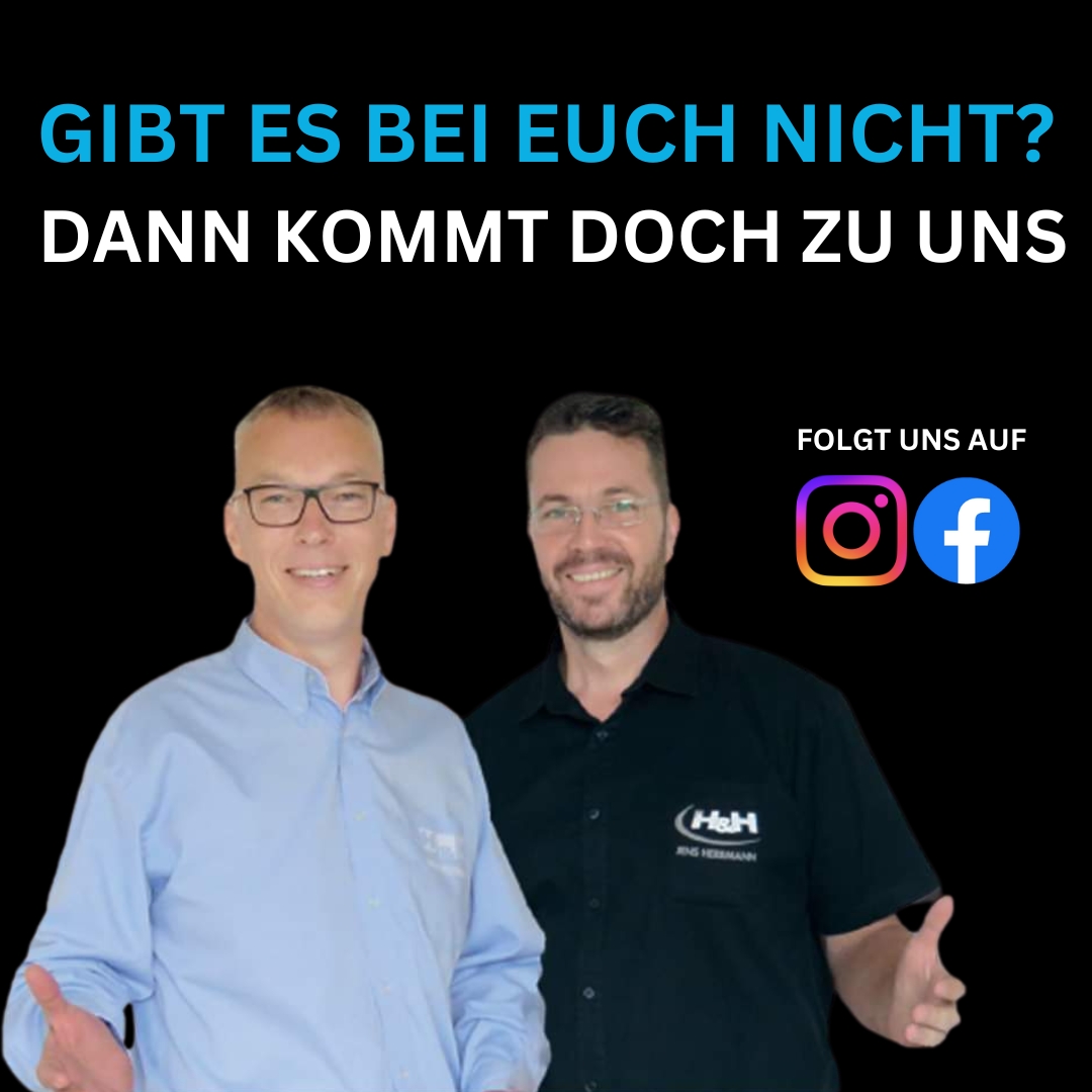 Zu sehen sind die Geschäftsführer Sven Helterhoff (links) und Jens Herrmann (rechts). Zusätzlich sind die Logos von Instagram und Facebook im Bild zu erkennen – verbunden mit der Aufforderung, den Kanälen zu folgen. Der eingeblendete Text lautet: ‚Gibt es
