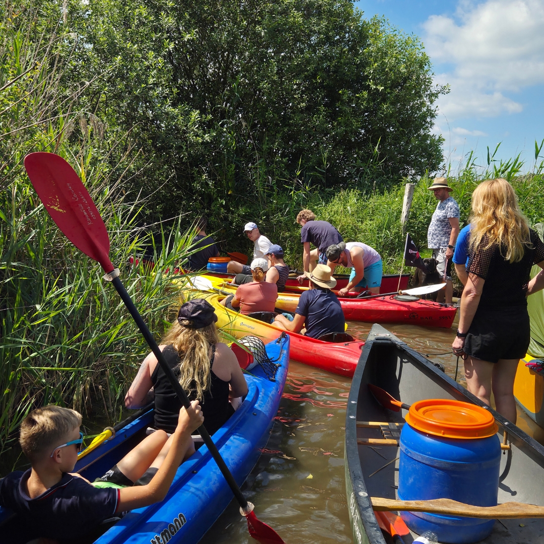Zu sehen sind mehrere Person in Kajaks im Wasser